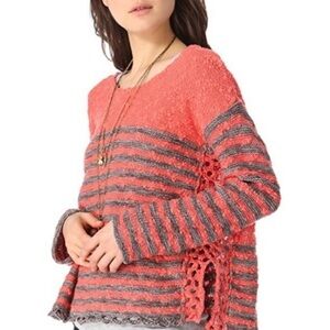 Free People French Creek Coral & Gray Striped Sweater